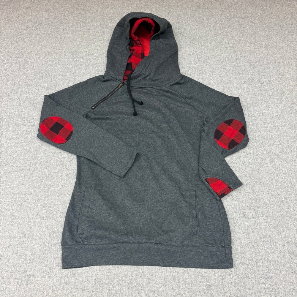 Ampersand Ave Hoodie XXL Gray Red Buffalo Plaid Thumbhole Elbow Patch Sweatshirt